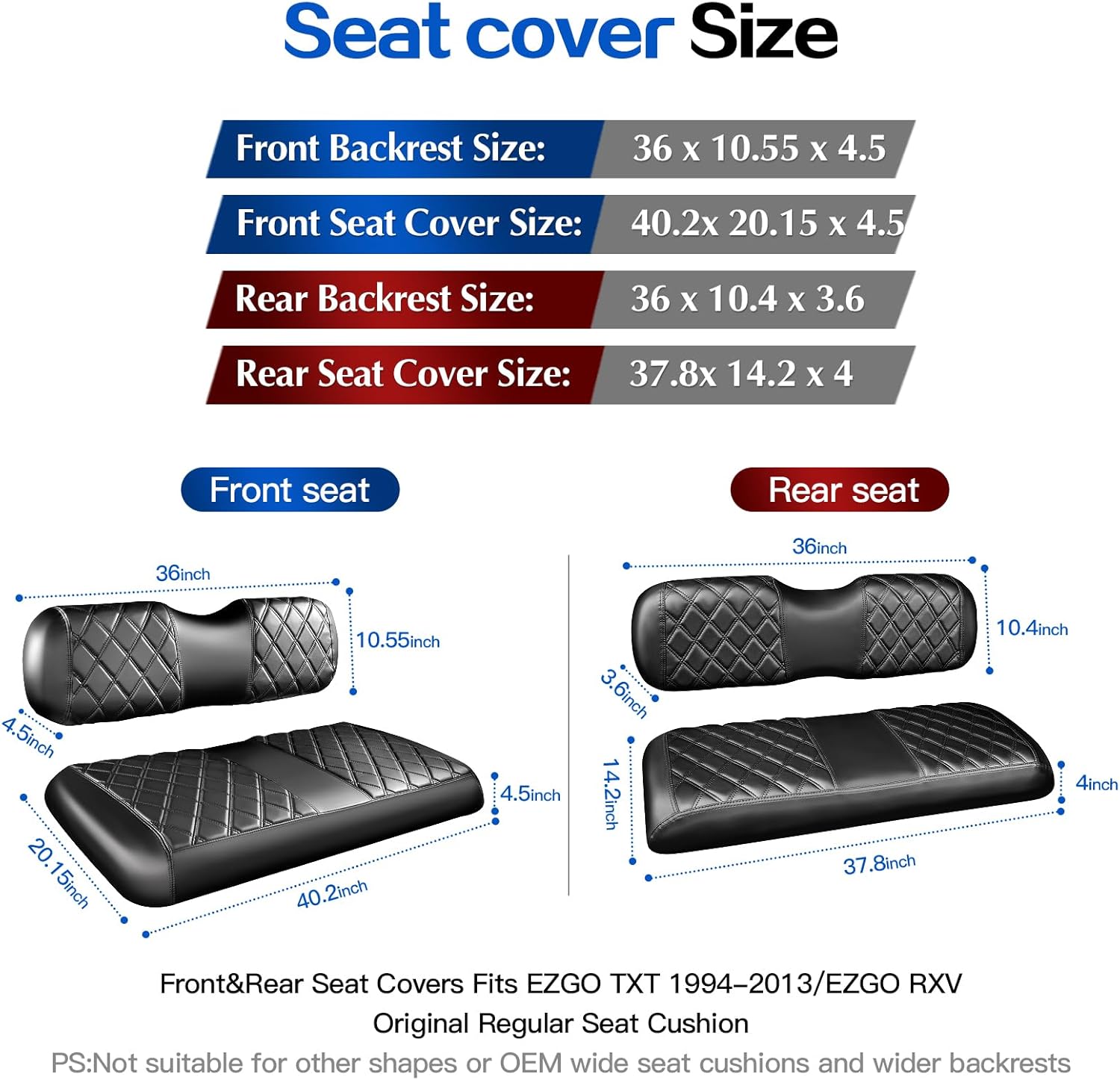 NOKINS 4PCS Golf Cart ET Diamond Seat Covers Kit,Front and Rear Seat Covers for EZGO TXT 1994-2013 Original Regular Seat Cushion, No Stapler, Golf Cart Vinyl Replacement Seat Cover,Black Stitching